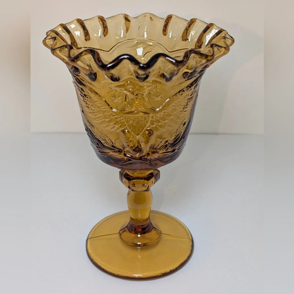 L.E. Smith Amber Federal Heritage Glass Goblet American Eagle MCM Crimped
